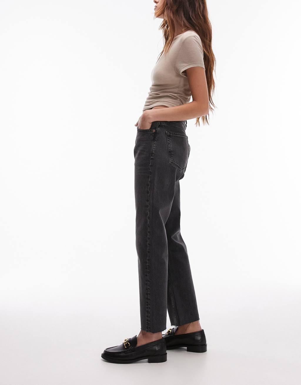Topshop cropped mid rise straight jeans with raw hems in washed black Product Image