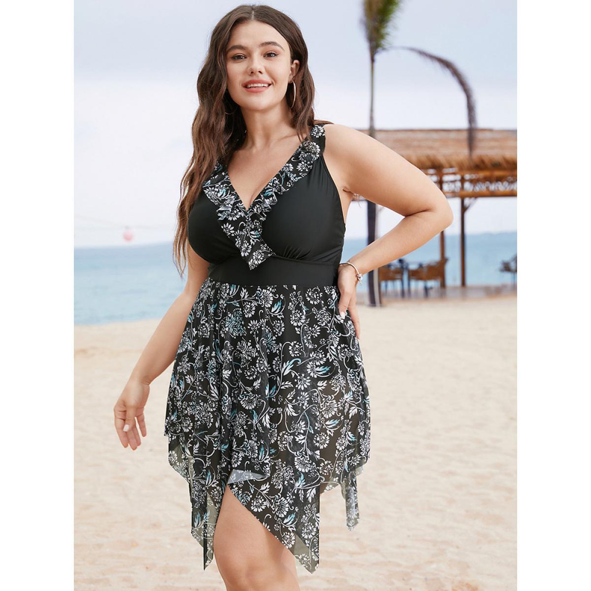 Plus Size Ruffle Trim Hanky Hem Floral Contrast Swim Dress Women's Swimwear BlackFlower Vacation Bodycon V-neck High stretch Curve Swim Dresses BloomChic 10/M Product Image