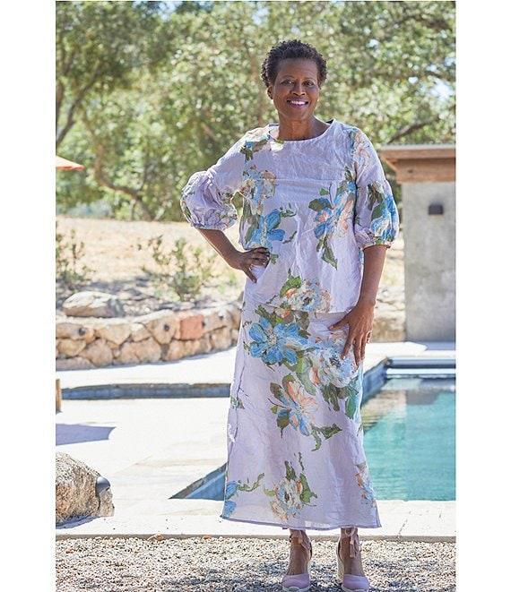 Bryn Walker Memory Crunch Taffeta Printed Round Neck 3/4 Sleeve Lantern Shirt Product Image