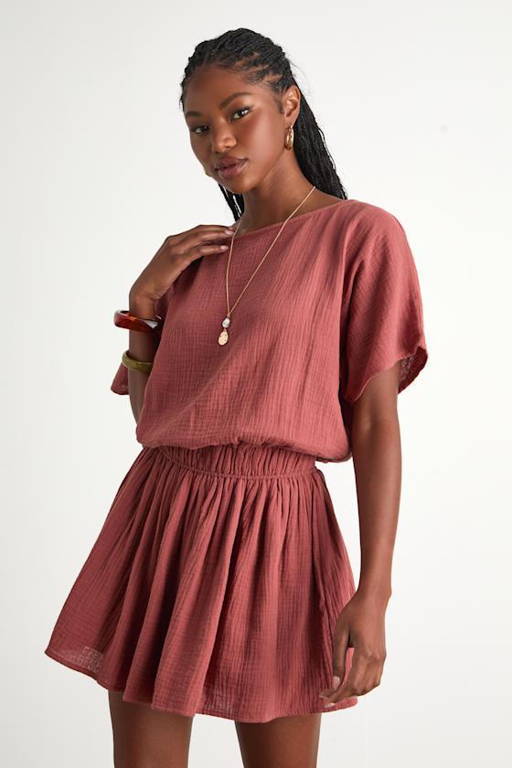 Aevorn Rusty Rose Gauzy Short Sleeve Mini Dress Product Image