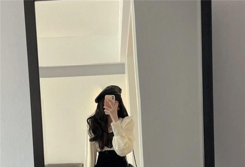 Long-Sleeve Ruffled Bow Blouse / Pleated Mini A-Line Skirt Product Image