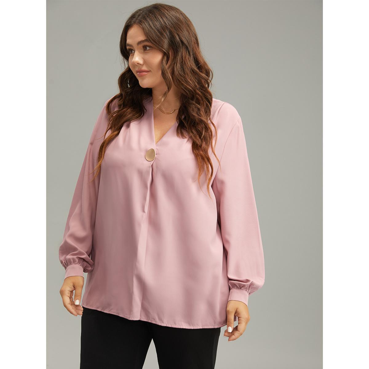 Plus Size DustyPink Plain Buckle Detail Pleated Blouse Women Office Long Sleeve V-neck Work Blouses BloomChic 18-20/2X Product Image
