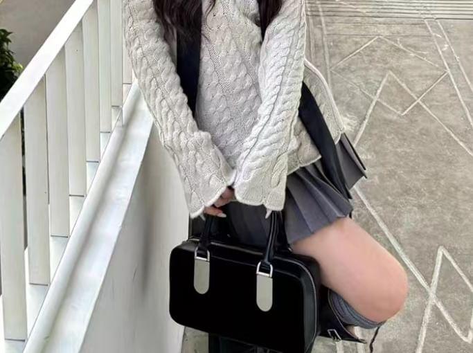Off-Shoulder Plain Cable Knit Sweater / High Rise Plain Pleated Mini A-Line Skirt Product Image