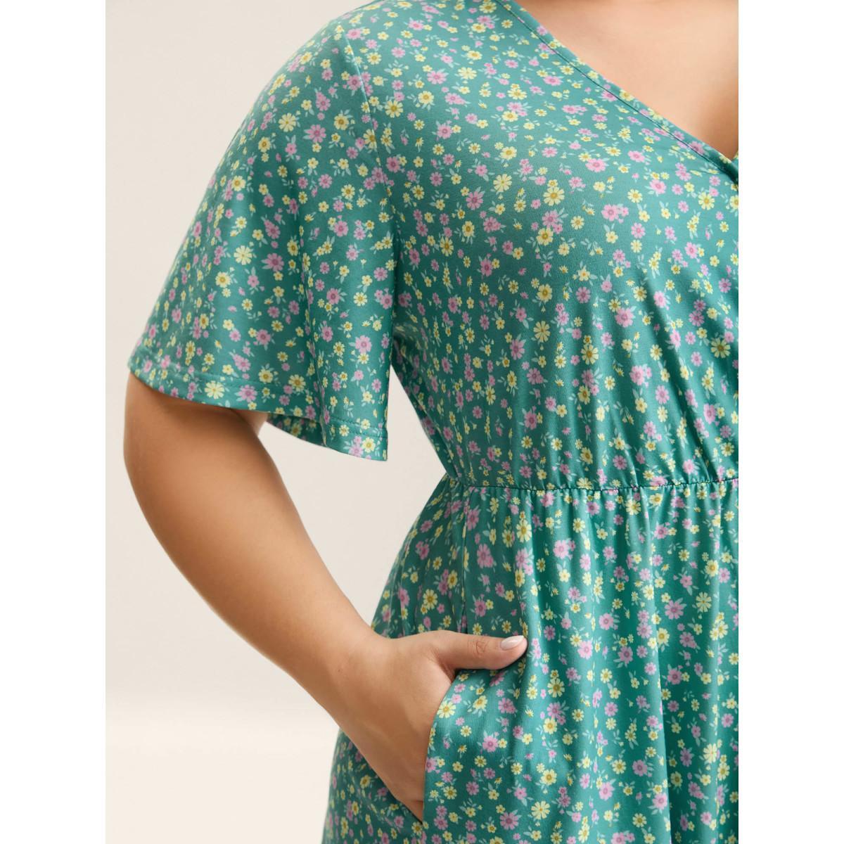 Plus Size Floral Print Surplice Neck Midi Dress Mint Women Overlap Collar Short sleeve Curvy BloomChic 14-16/1X Product Image