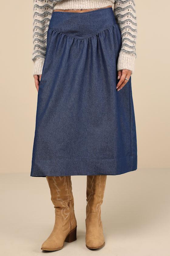 Seraya Dark Blue Chambray Midi Skirt Product Image