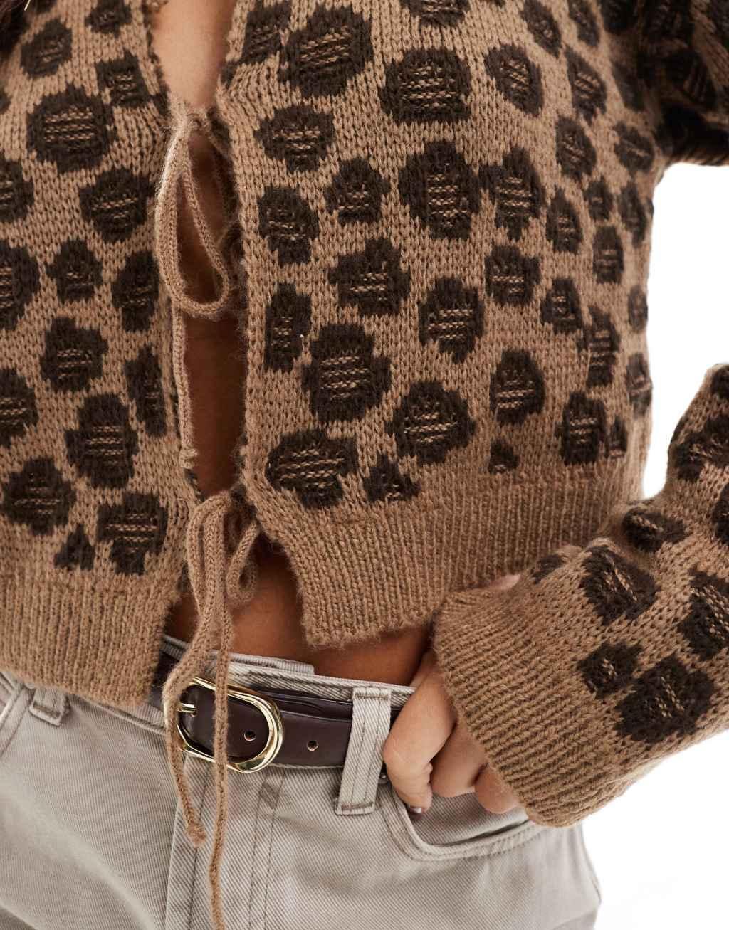ASOS DESIGN knitted tie front leopard print cardigan with bow detail in mocha Product Image