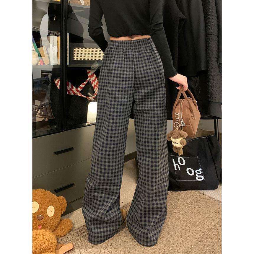 Mid Rise Plaid Wide Leg Pants Product Image