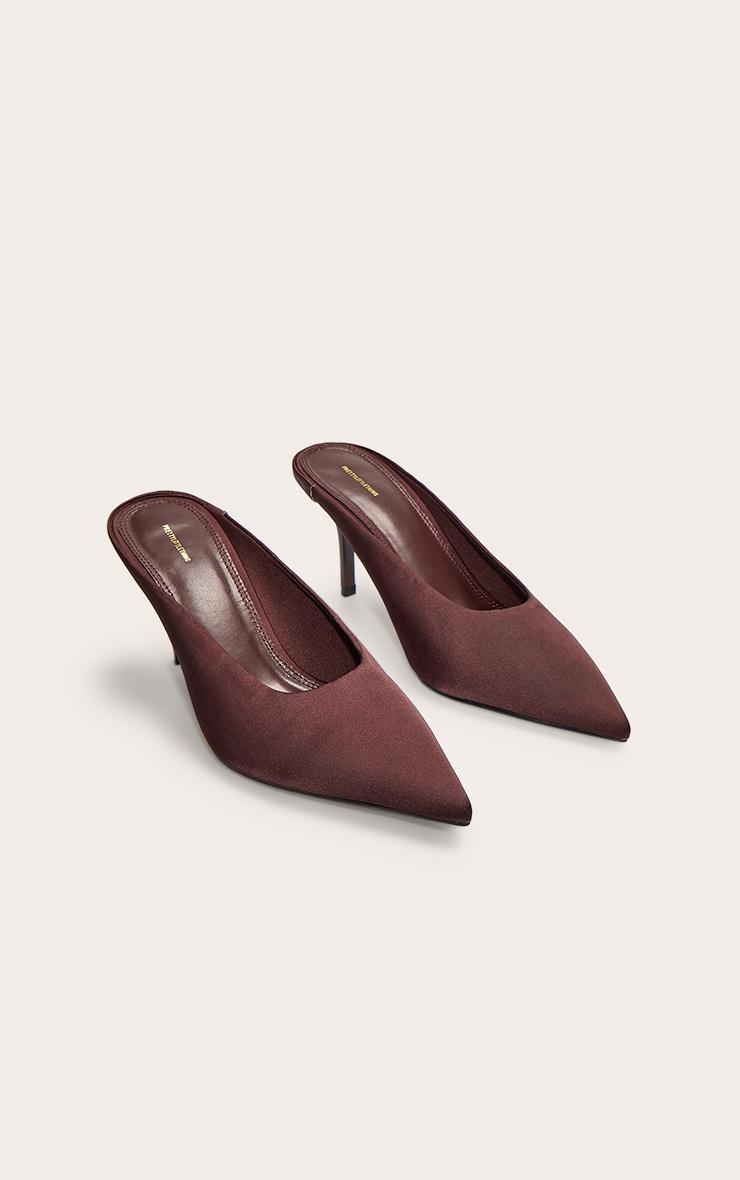 Chocolate Satin Point Toe Mid Stiletto Heeled Court Mules Product Image