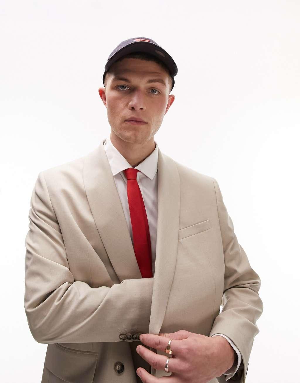 Topman modern fit shawl collar wrap suit jacket in stone Product Image