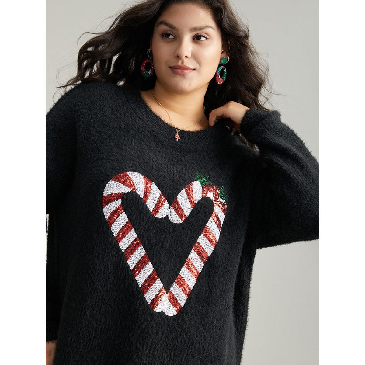 Plus Size Sequin Christmas Heart Graphic Pullover Black Women Casual Loose Long Sleeve Round Neck Festival-Christmas Pullovers BloomChic 30/6X Product Image