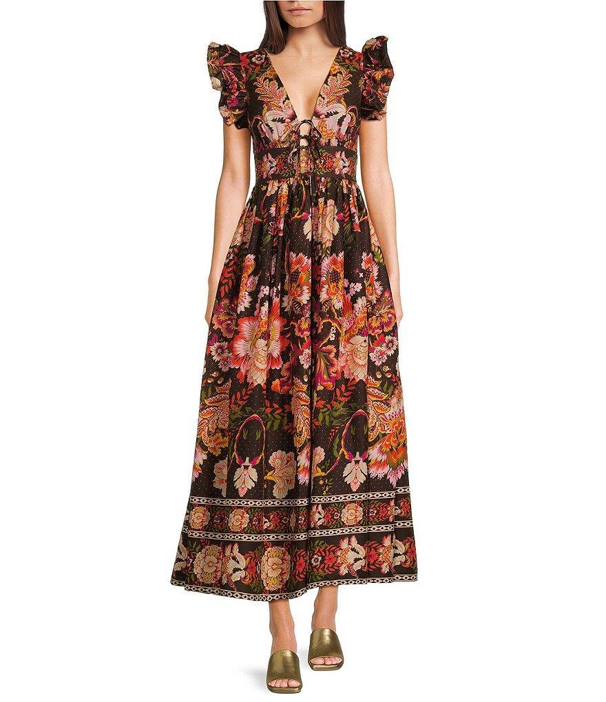A Loves A Surplice V-Neck Short Ruffled Sleeve Self Tie Front Bodice Maxi Dress Product Image