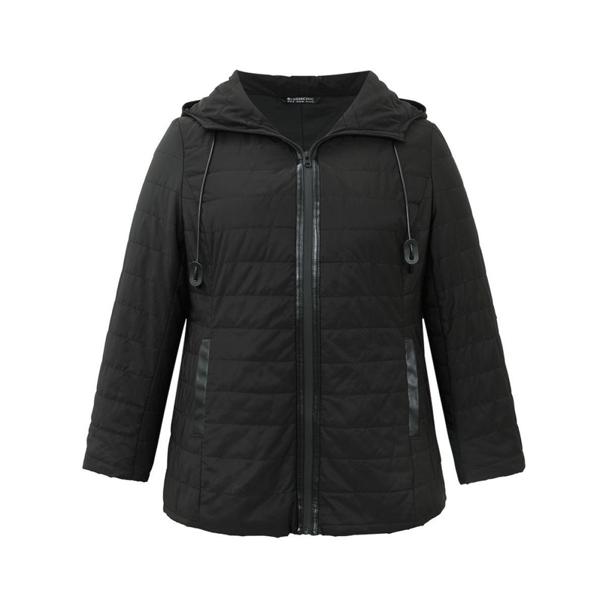 Plus Size Drawstring Patchwork PU Leather Zipper Jacket Women Black Casual Lined Ladies Everyday Winter Coats BloomChic 14-16/1X Product Image