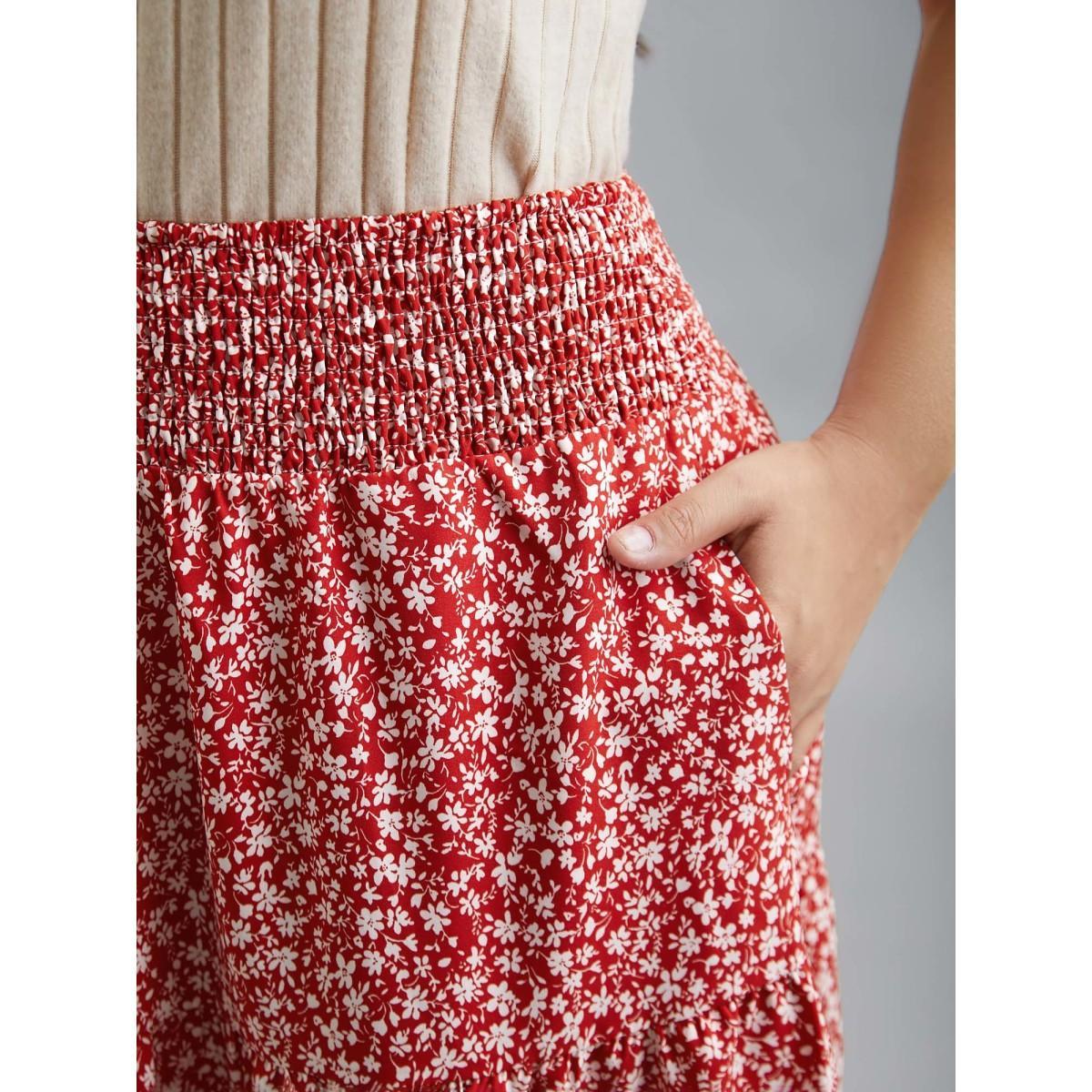 Plus Size Romantic Floral Waist Shirred Midi Skirt Women Crimson Elegant Shirred No stretch Side seam pocket Everyday Skirts BloomChic 28/5X Product Image