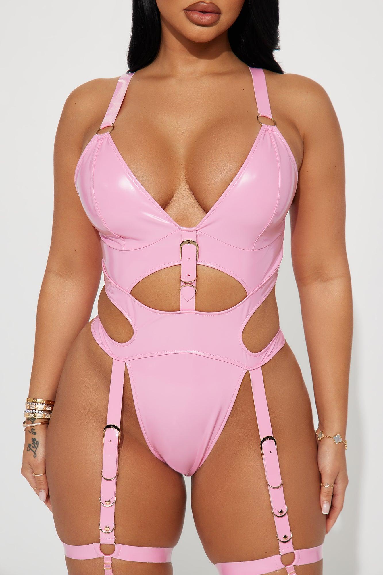 Secretly Naughty Vinyl Strappy Garter Teddy - Pink Product Image