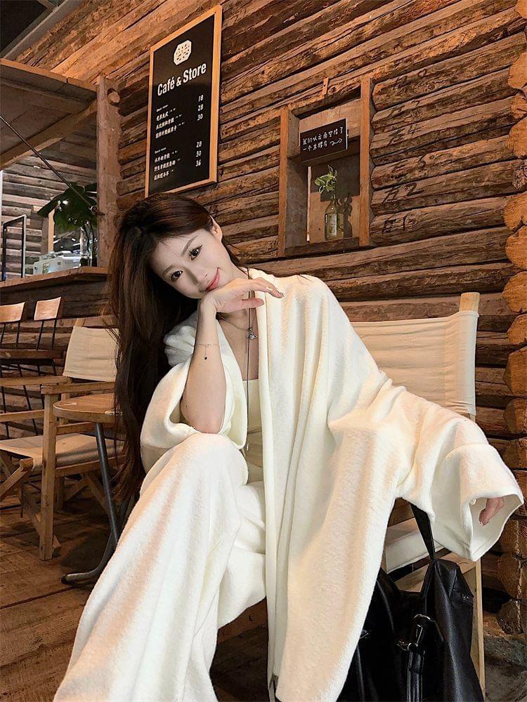 Plain Long Open Front Cardigan / Drawstring Waist Wide Leg Pants Product Image