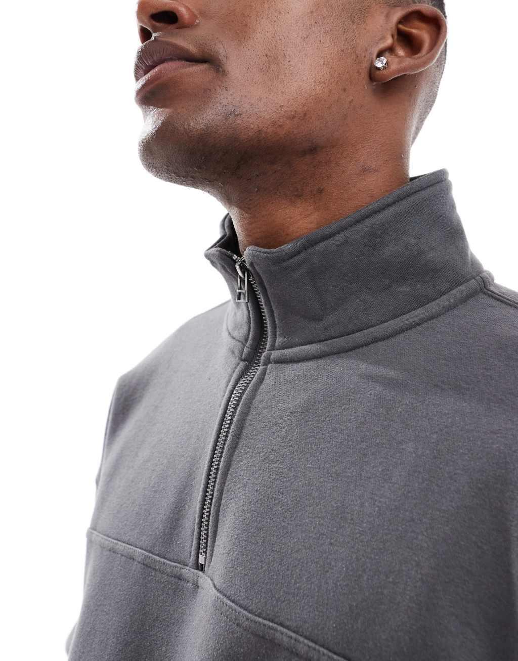 Pull&Bear 1/4 zip sweatshirt in charcoal  Product Image