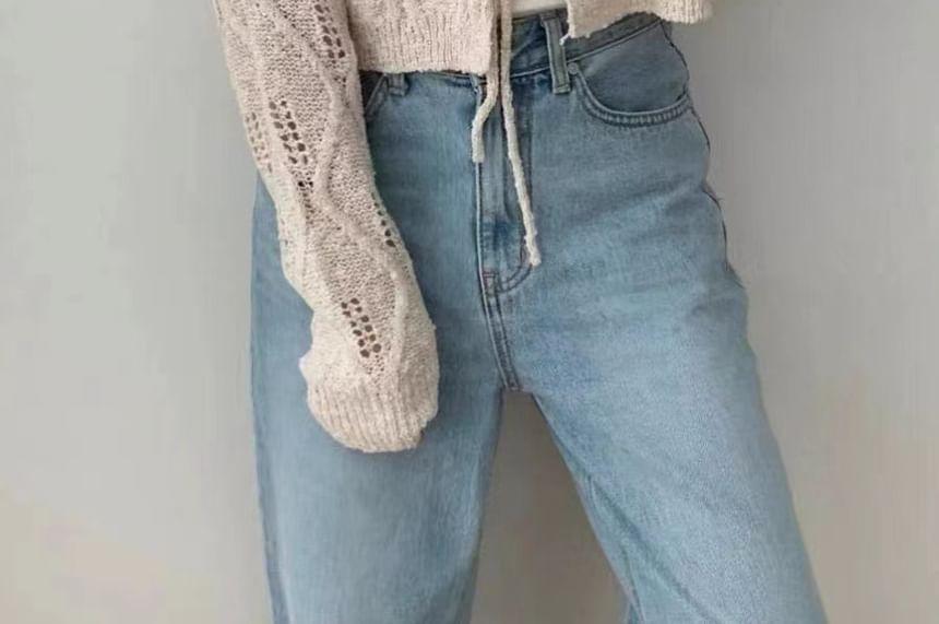 V-Neck Plain Perforated Tie Front Crop Cardigan Product Image