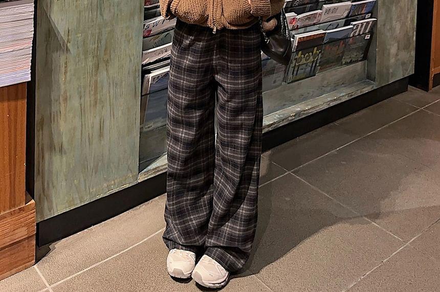 Plain Hooded Zip Jacket / High Waist Plaid Wide Leg Pants Product Image