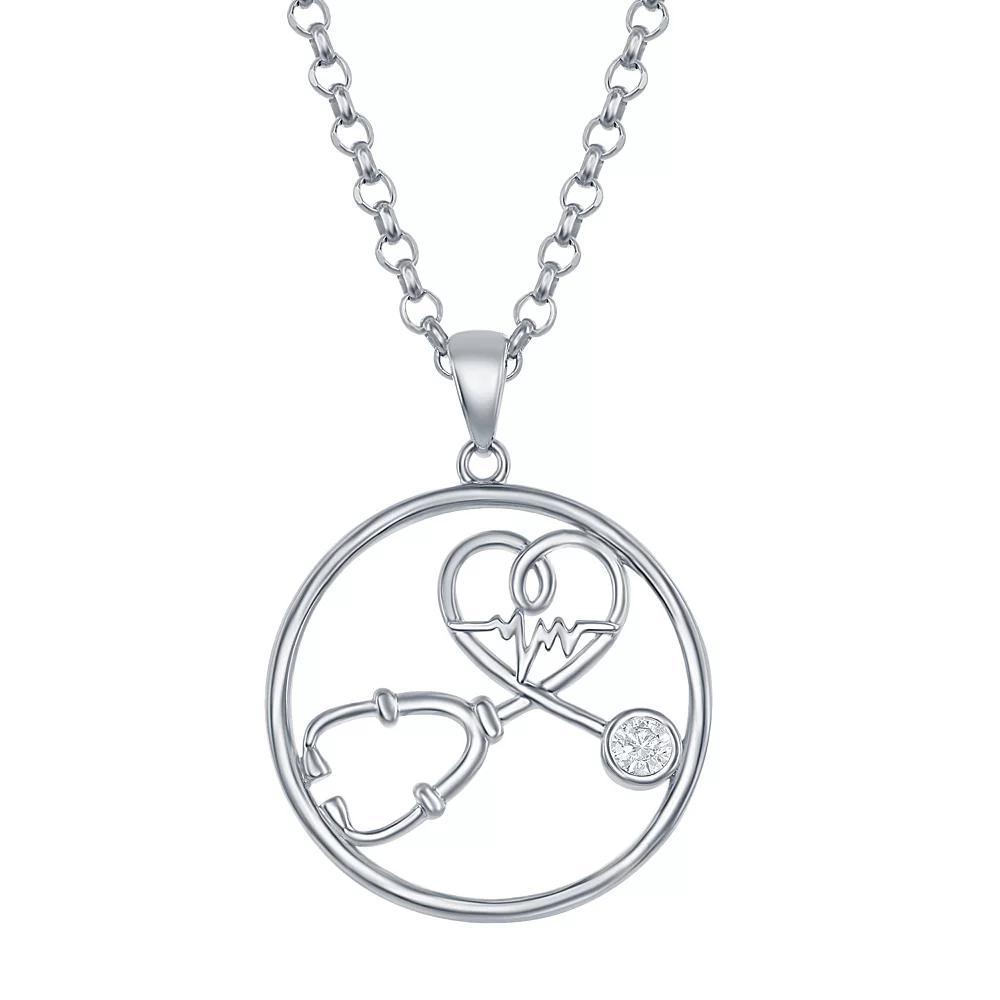 Sterling Silver Cubic Zirconia Stethoscope & Heartbeat Necklace, Women's, Size: 18" Product Image