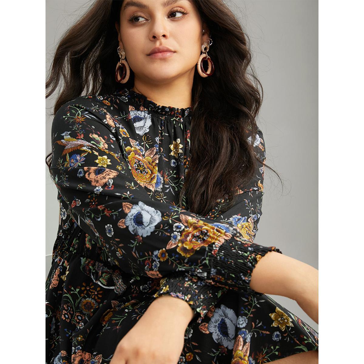 Plus Size Floral Print Shirred Gathered Stand Collar Dress Black Women Vacation Gathered Stand-up collar Long Sleeve Curvy Midi Dress BloomChic 22-24/3X Product Image