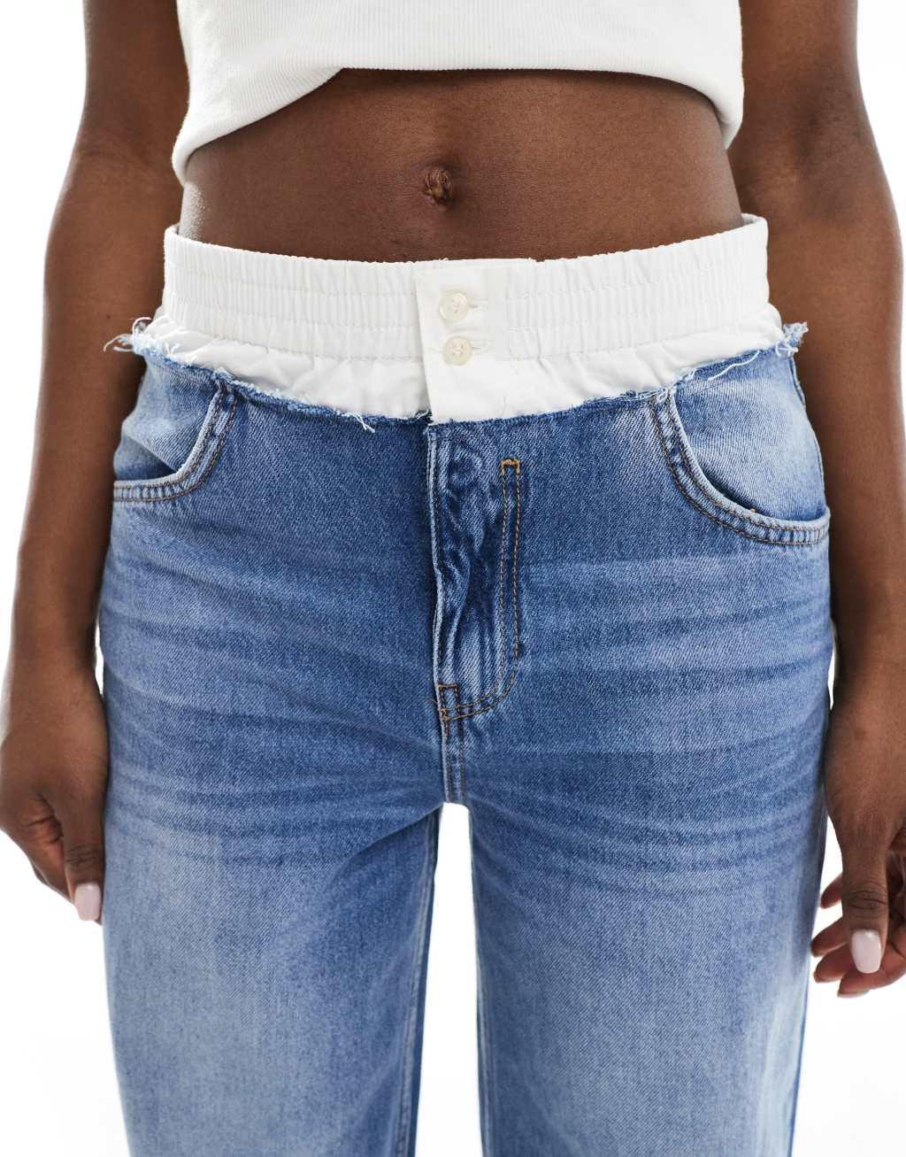 Pull&Bear boxer waistband wide leg jeans in dark blue Product Image