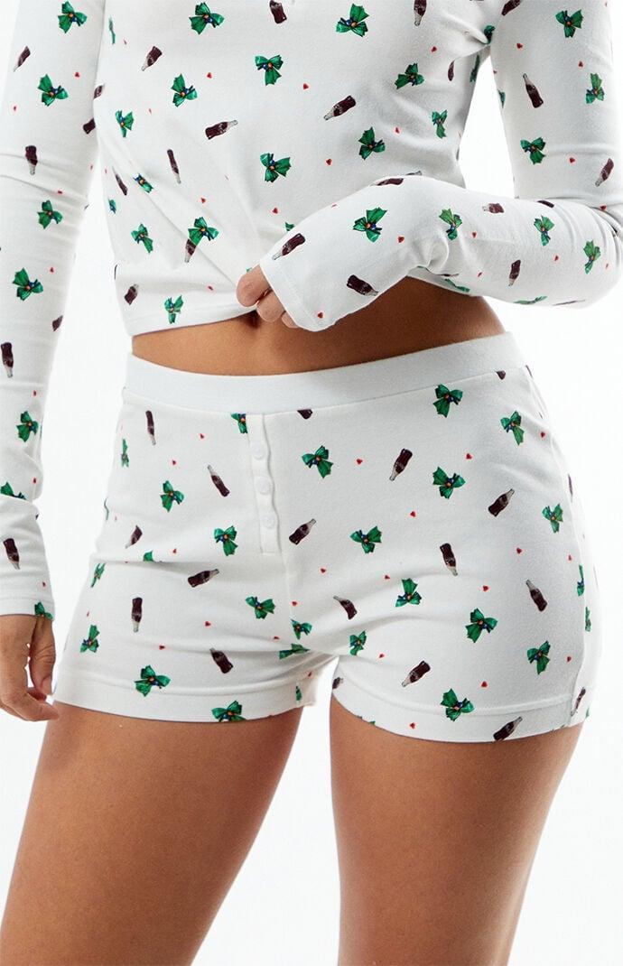 Coca Cola Women's By PacSun Holiday Mini Brief Shorts in White/Green - Product Image