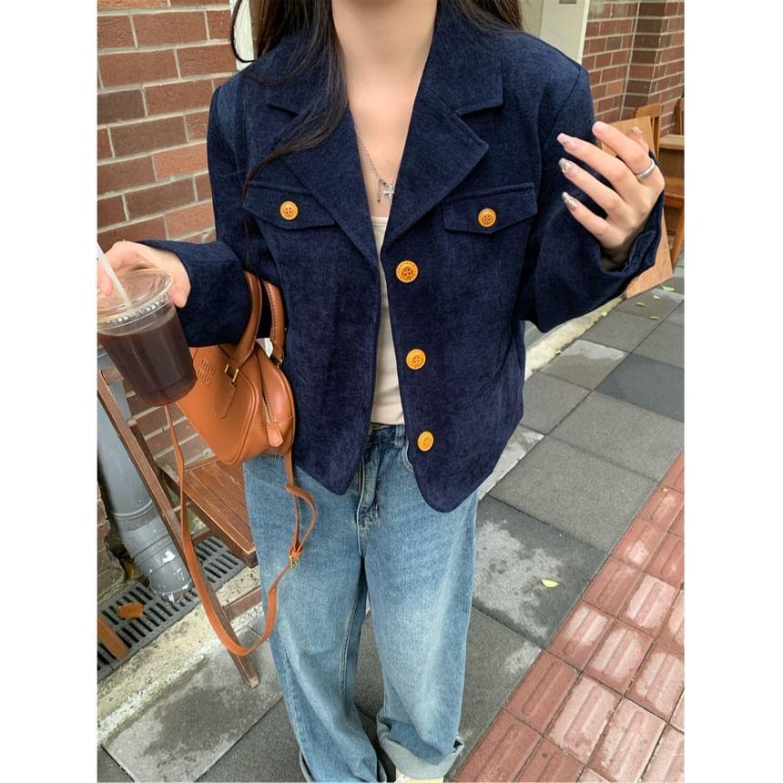 Notch Lapel Plain Single-Breasted Corduroy Crop Blazer Product Image