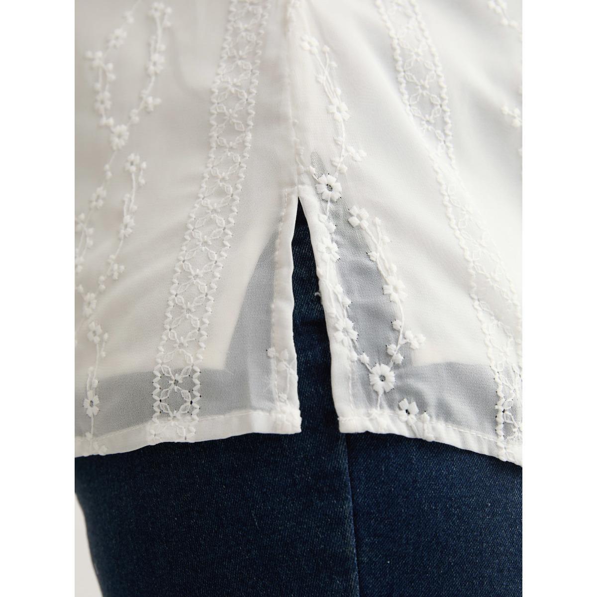 Plus Size Originalwhite Texture Mesh Button Detail Tucked Seam Blouse Women Elegant Elbow-length sleeve V-neck Everyday Blouses BloomChic 12/L Product Image