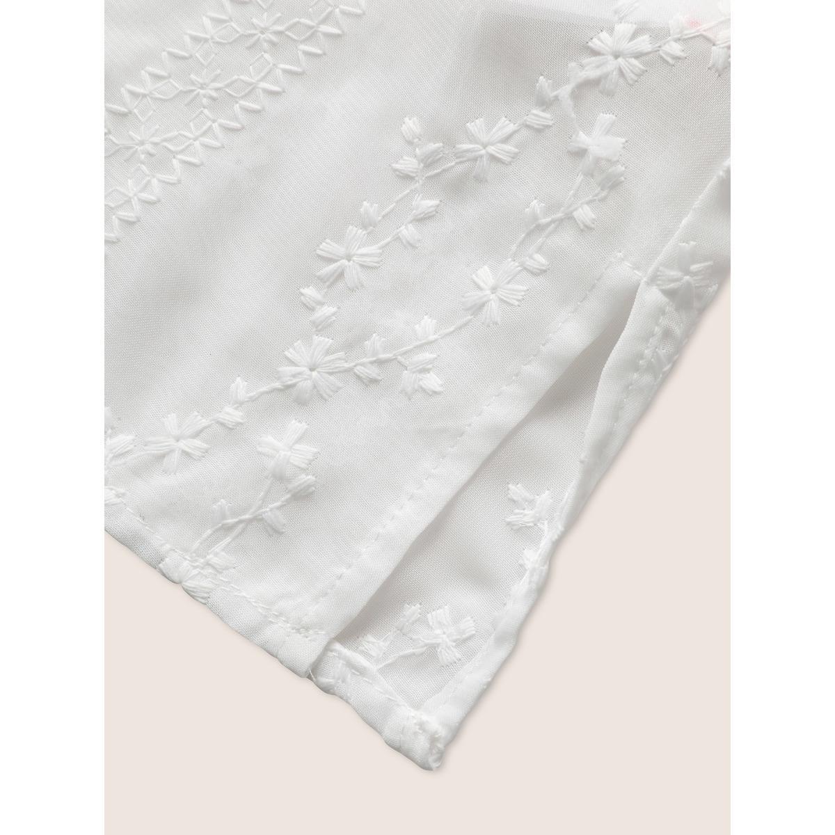 Plus Size Originalwhite Texture Mesh Button Detail Tucked Seam Blouse Women Elegant Elbow-length sleeve V-neck Everyday Blouses BloomChic 12/L Product Image