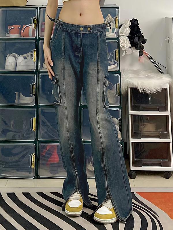 Vintage Wash Multi Pocket Zip Up Cargo Jeans Product Image