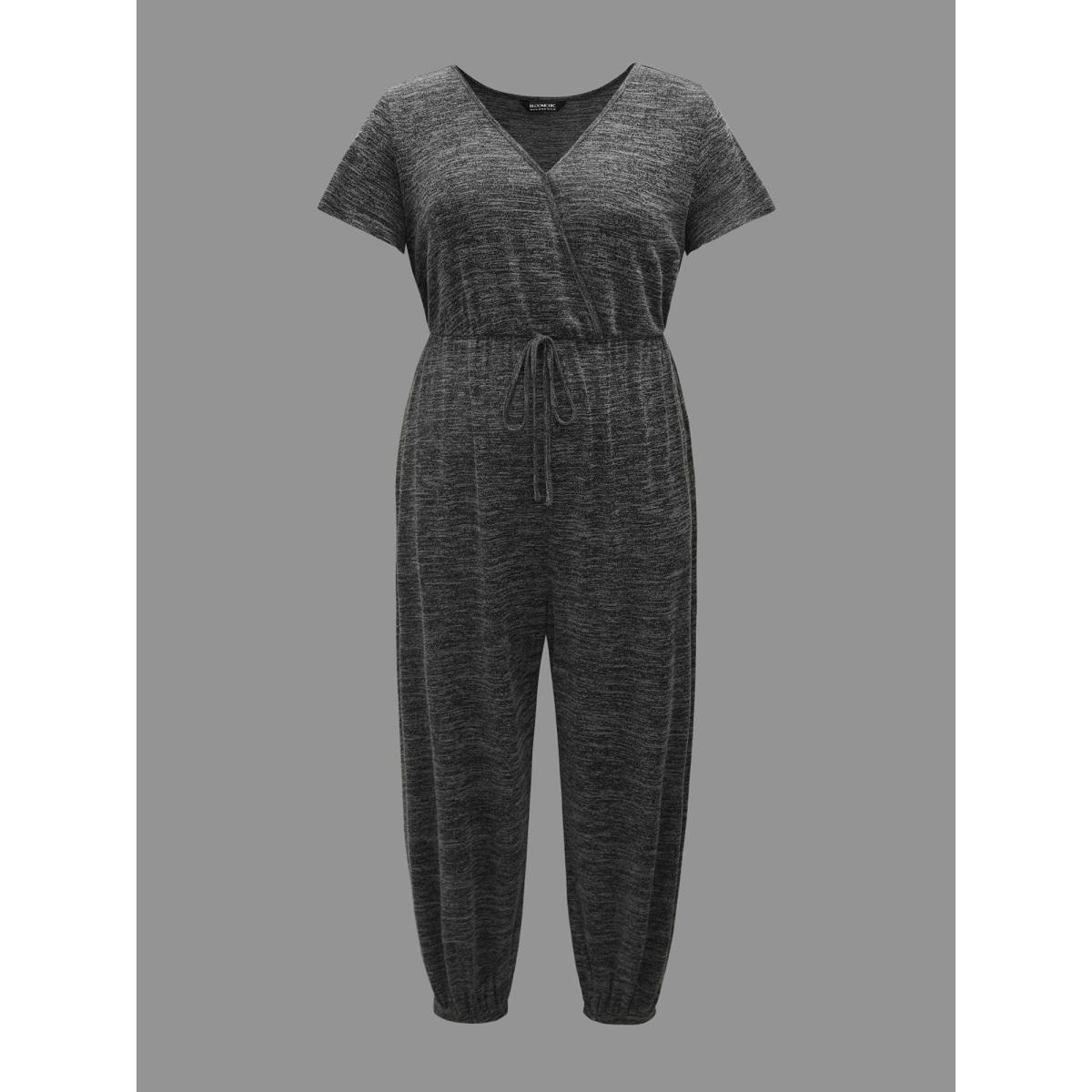 Plus Size DimGray Plain Wrap Drawstring Pocket Jumpsuit Women Casual Short sleeve Overlap Collar Everyday Loose Jumpsuits BloomChic 30/6X Product Image