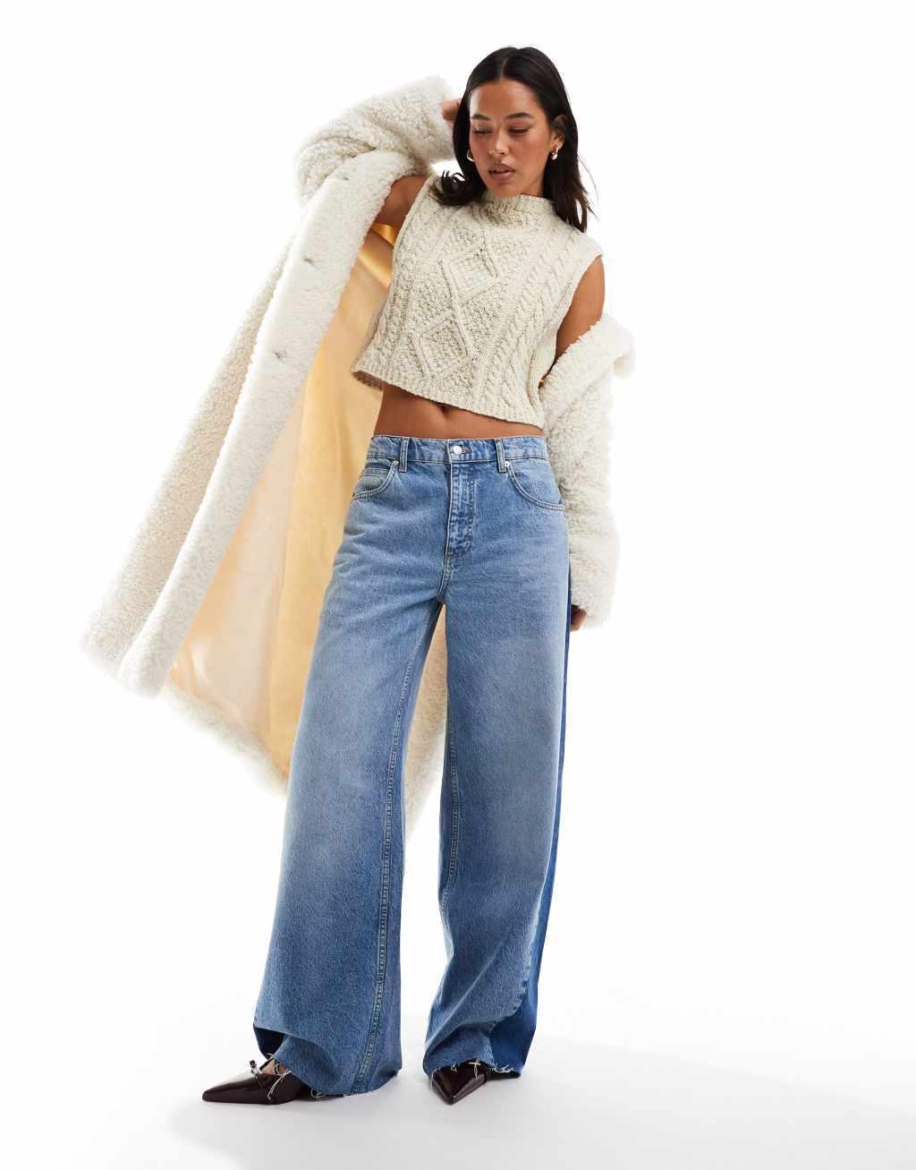 ASOS DESIGN wide leg jeans with contrast side panel in mid blue Product Image