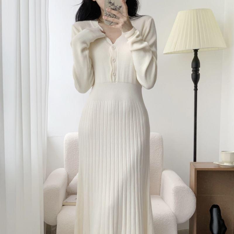 Long-Sleeve Henley Plain Midi A-Line Knit Dress Product Image