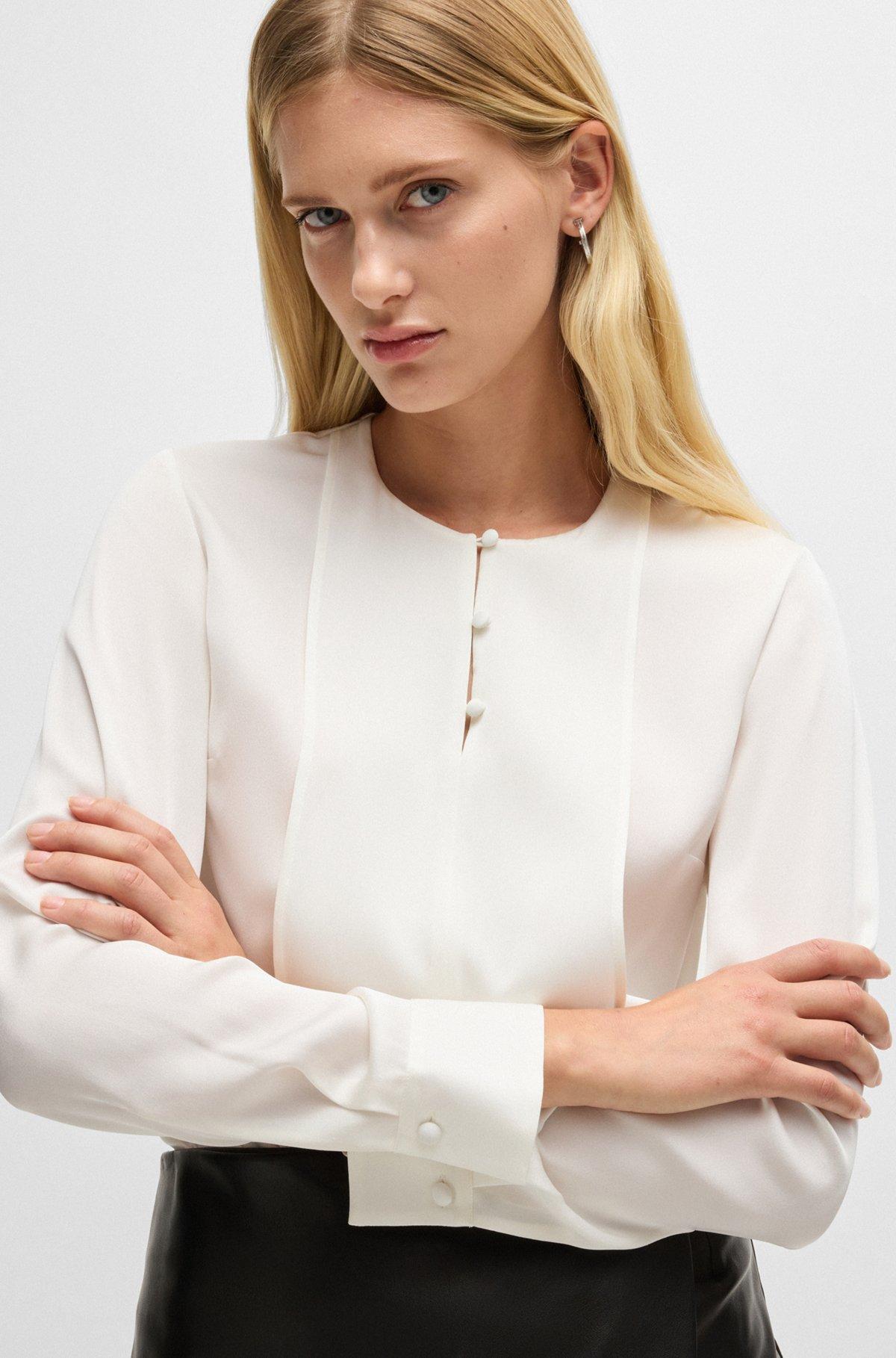 Button-neck blouse in stretch-silk crepe de chine Product Image