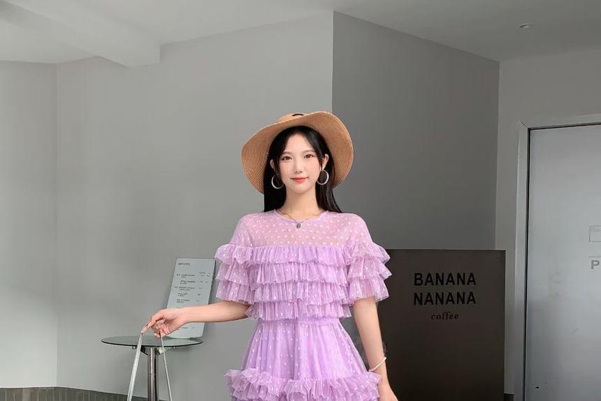 Short-Sleeve Dotted Ruffle Mesh Maxi A-Line Dress Product Image