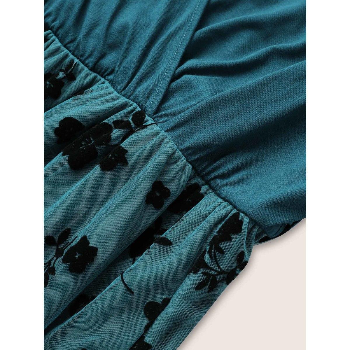 Plus Size Floral Mesh Patchwork Surplice Neck Tank Dress Cerulean Women Cocktail Non Overlap Collar Sleeveless Curvy Midi Dress BloomChic 26/4X Product Image