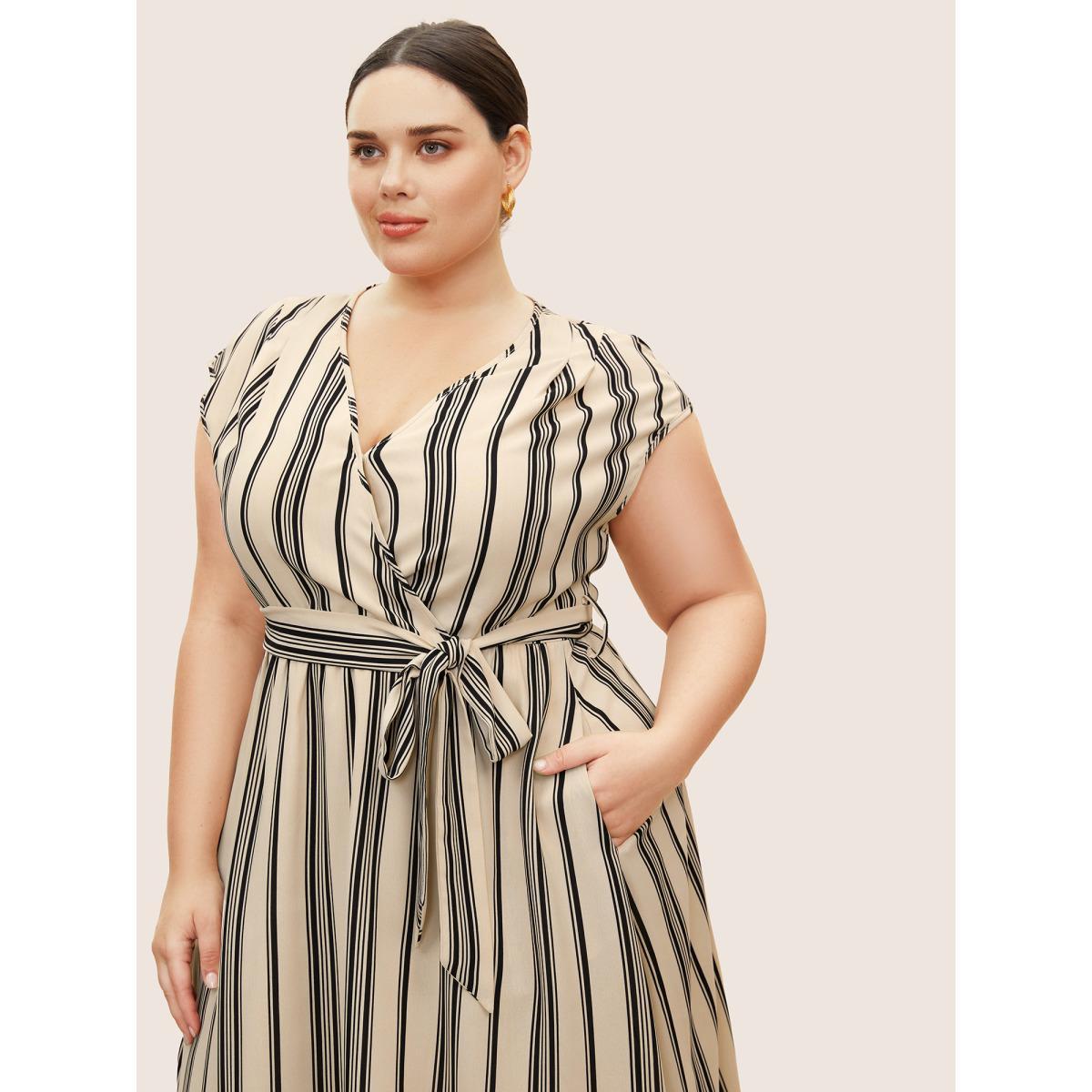 Plus Size Surplice Neck Striped Cap Sleeve Dress Beige Women At the Office Overlapping V-neck Sleeveless Curvy BloomChic 26/4X Product Image