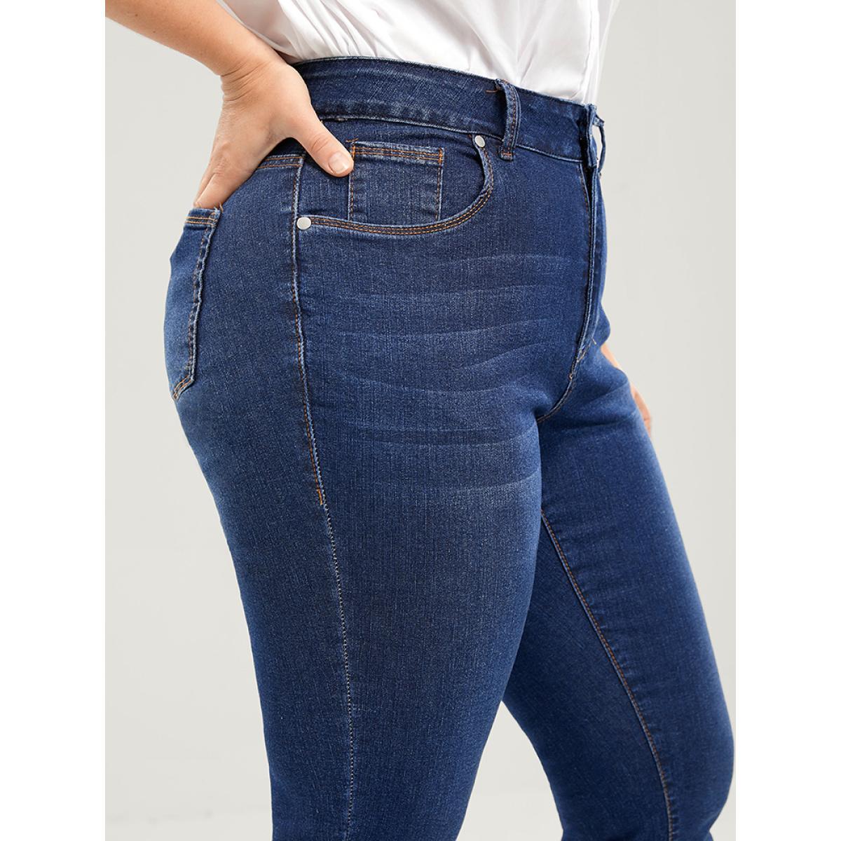 Plus Size Straight Very Stretchy High Rise Dark Wash Jeans Women DarkBlue Casual Plain Plain High stretch Pocket Jeans BloomChic 28/5X Product Image