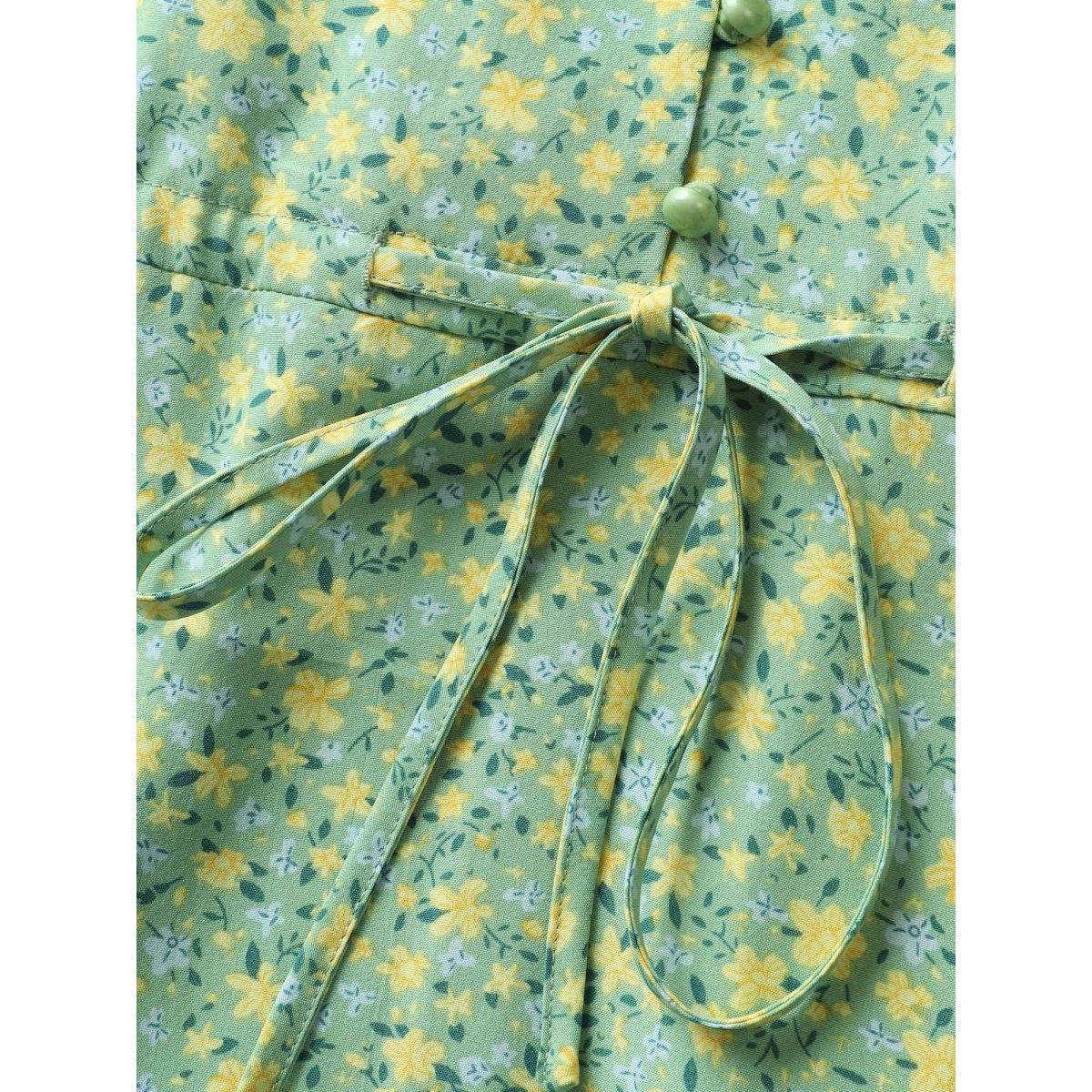 Plus Size Ditsy Floral Ruffles Button Up Drawstring Dress Mint Women Elegant Patchwork Round Neck Cap Sleeve Curvy BloomChic 30/6X Product Image