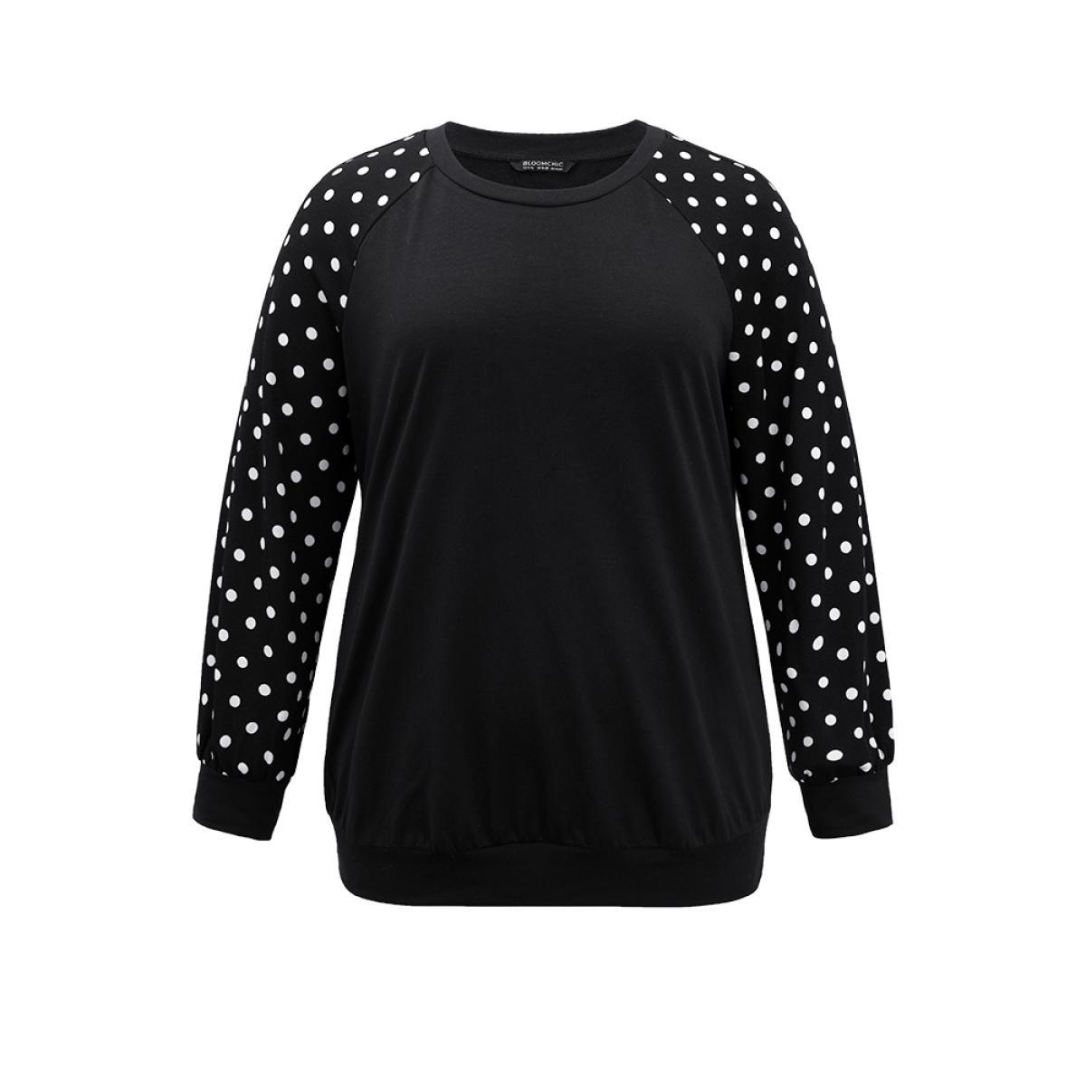 Plus Size Polka Dot Patchwork Raglan Sleeve Sweatshirt Women Black Casual Elastic cuffs Round Neck Everyday Sweatshirts BloomChic 18-20/2X Product Image