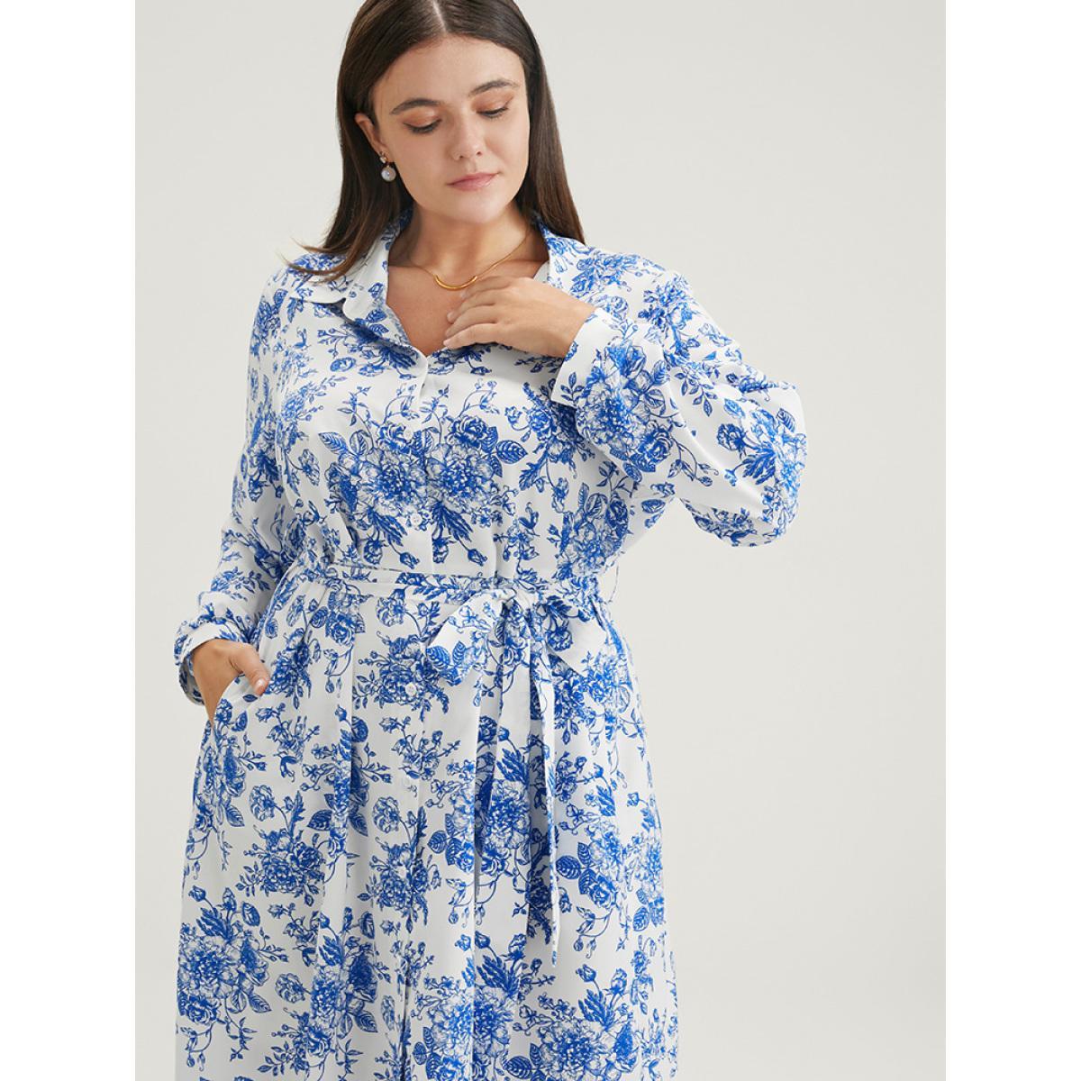 Plus Size Floral Button Up Pocket Belted Lapel Collar Dress WhiteSmoke Women Office Belted Lapel Collar Long Sleeve Curvy Knee Dress BloomChic 22-24/3X Product Image