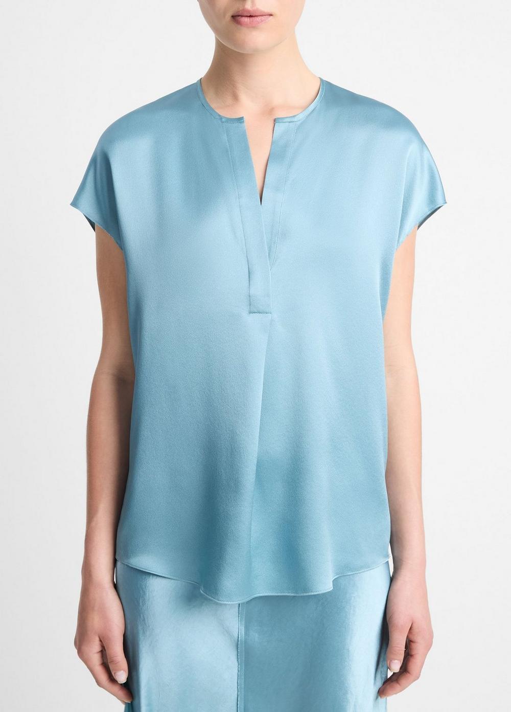 Womens Silk Cap-Sleeve Half-placket Blouse, Jade Sea, Size XS Vince Product Image