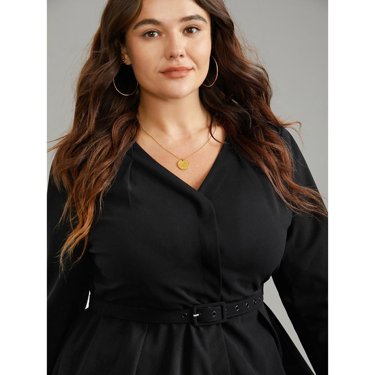Plus Size Solid Pleated Button Up Belted Blazer Black Women Work Plain Plain Sleeve Long Sleeve Open Front 10/M Belt Work From Home Blazers BloomChic Product Image