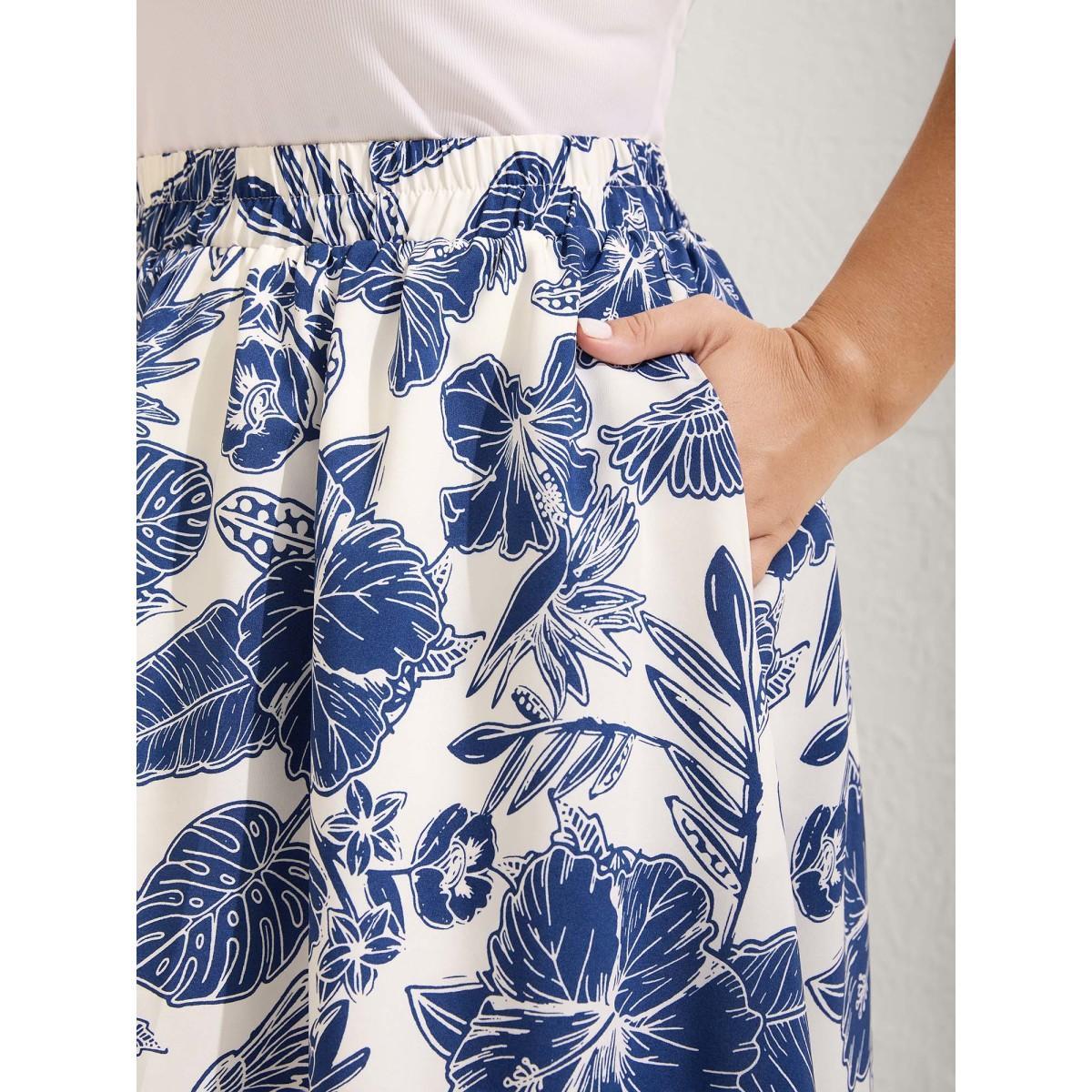 Plus Size Floral Print A-Line Maxi Skirt Women LightBlue Resort Loose No stretch Side seam pocket Vacation Skirts BloomChic 10/M Product Image