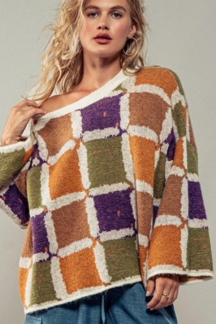Cozy Patchwork Knit Sweater Product Image