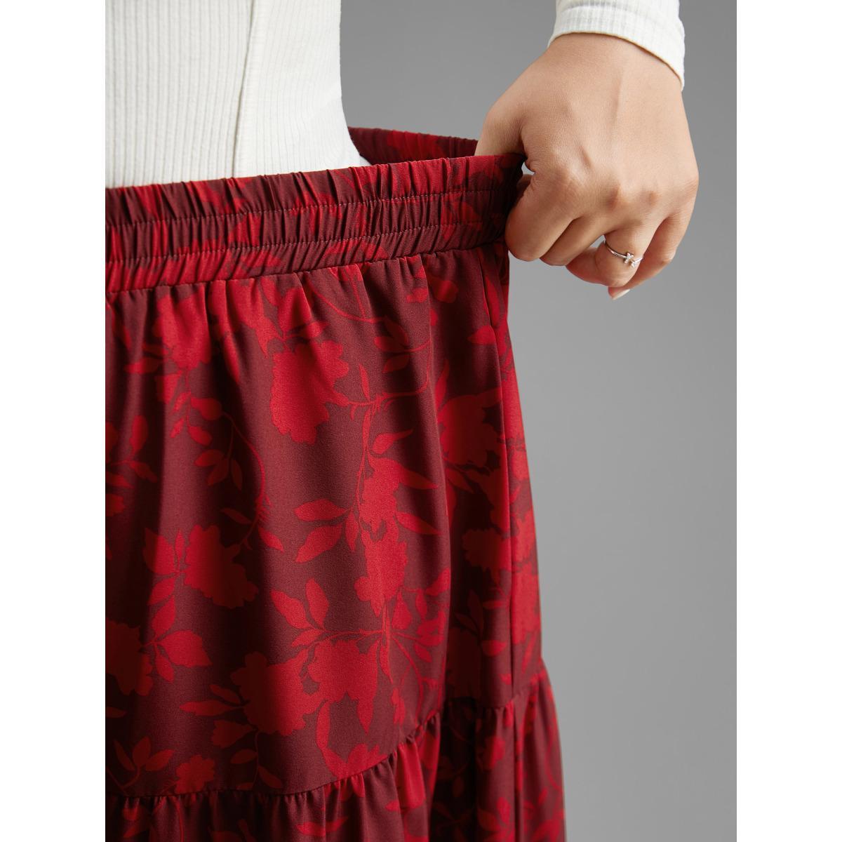 Plus Size Silhouette Floral Print Ruffle Layered Hem Skirt Women Deepred Elegant Loose Low stretch Side seam pocket Everyday Skirts BloomChic 10/M Product Image