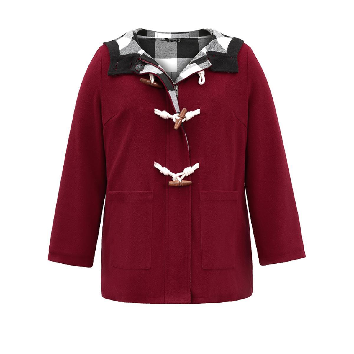Plus Size Plaid Patchwork Hooded Duffle Button Coat Women Crimson Casual Lined Ladies Dailywear Winter Coats BloomChic 30/6X Product Image