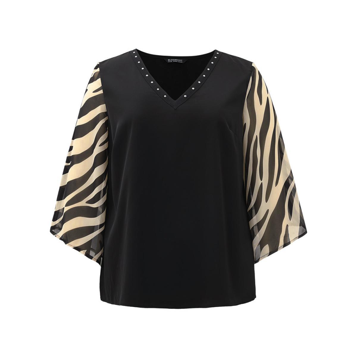 Plus Size Black Zebra Print Chiffon Patchwork Pearl Beaded Blouse Women Elegant Elbow-length sleeve V-neck Dailywear Blouses BloomChic 14-16/1X Product Image