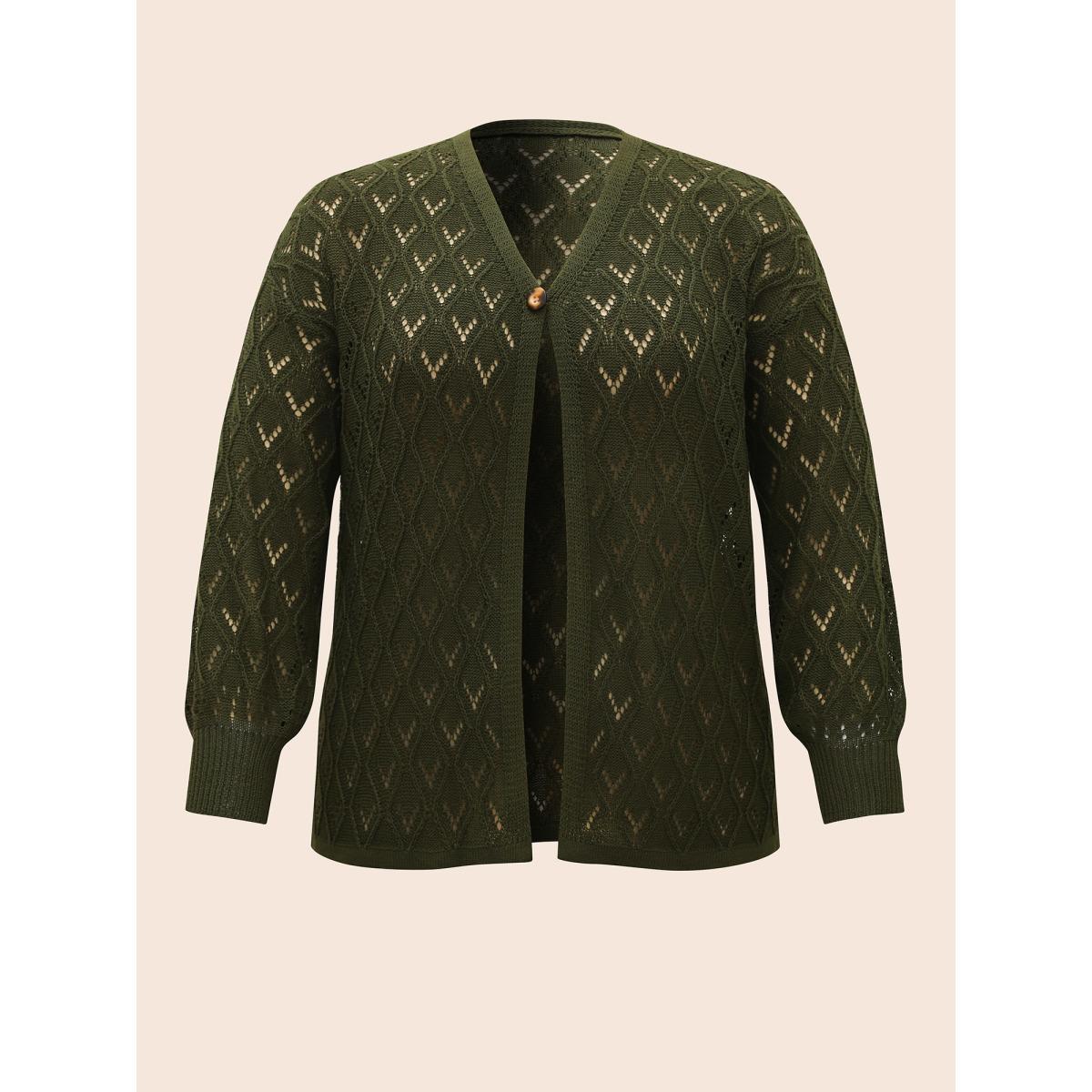 Plus Size Texture Button Up Hollow Out Cardigan ArmyGreen Women Casual Loose Three Quater Length Sleeve Everyday Cardigans BloomChic 26/4X Product Image
