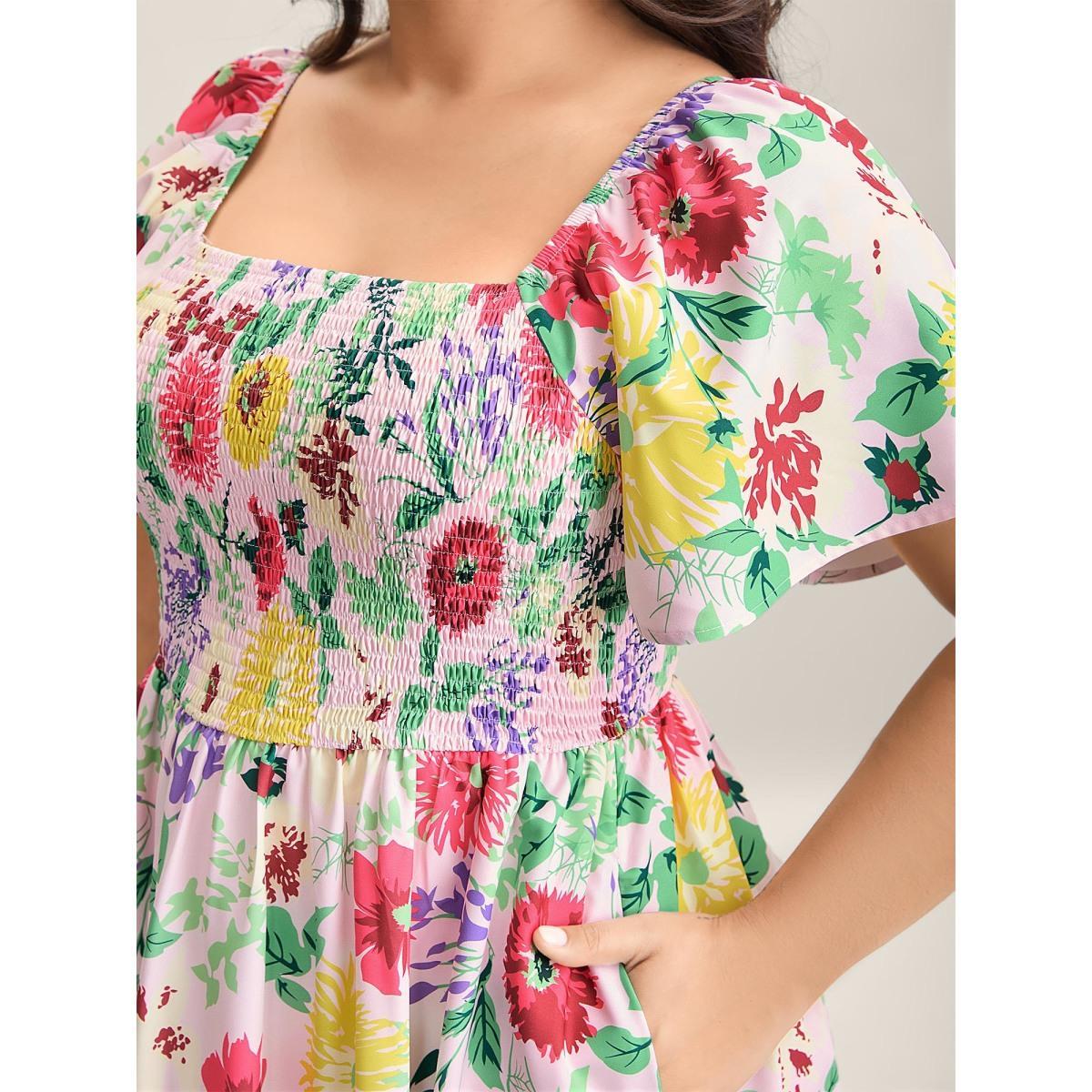 Plus Size Floral Shirred Square Neck Pocket Midi Dress Lightpink Women Elegant Non Square Neck Short sleeve Curvy Midi Dress BloomChic 10/M Product Image